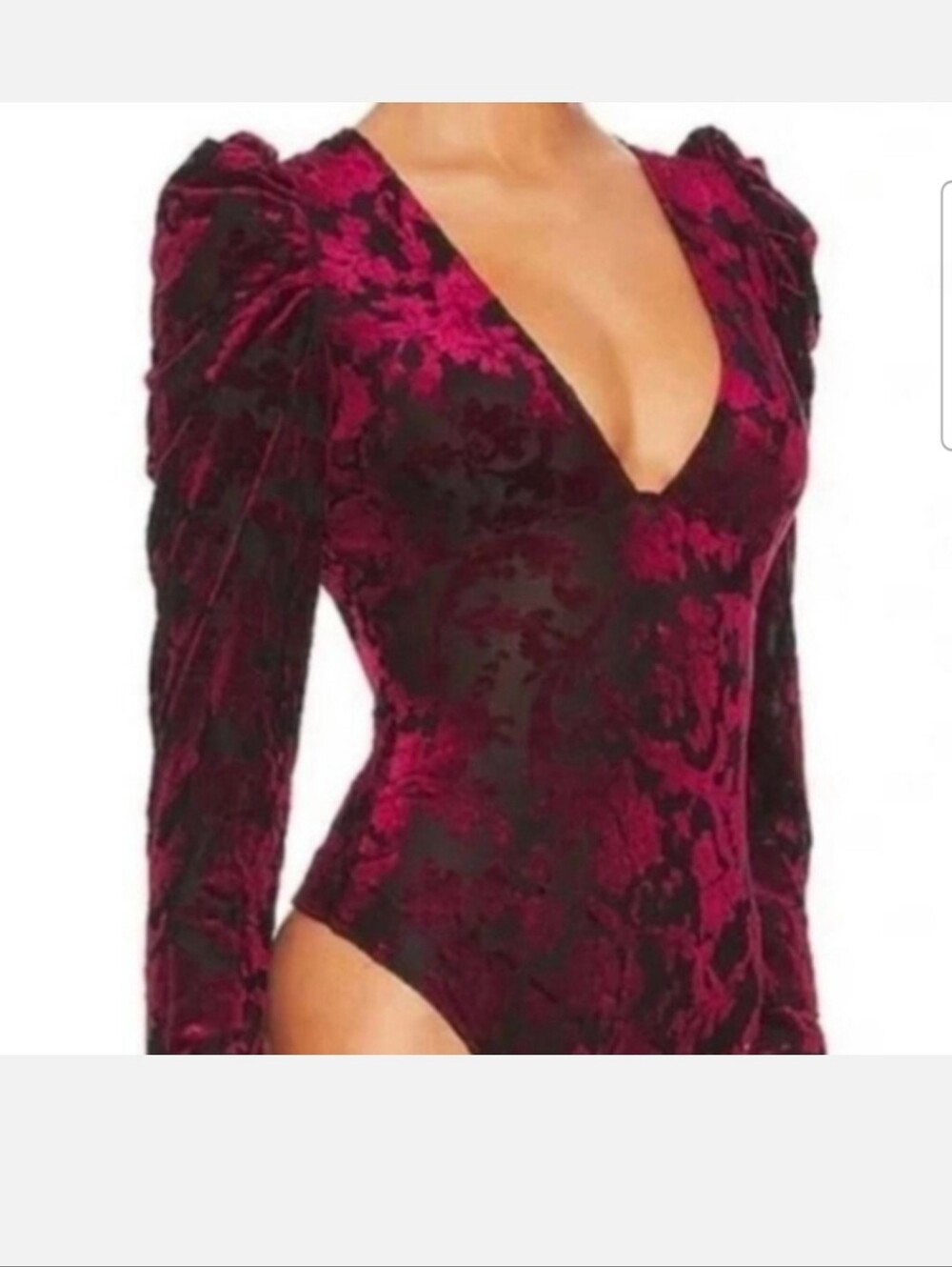 Velvet Floral Deep V Long-Sleeve Bodysuit - Wine